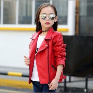 Children's Collar Motorcycle PU Leather Jacket, Faux Leather Zipper